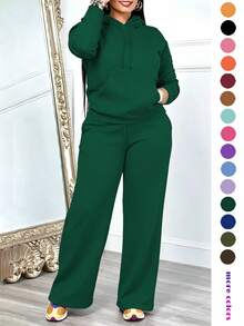 Women's Casual 2-Piece Set Solid Color Elegant Long Sleeve Hooded Drawstring Pocket Sweatshirt & Straight Leg Drawstring Pants Set, Lightweight And Soft, Suitable For Spring/Summer - Dark Green - View 4