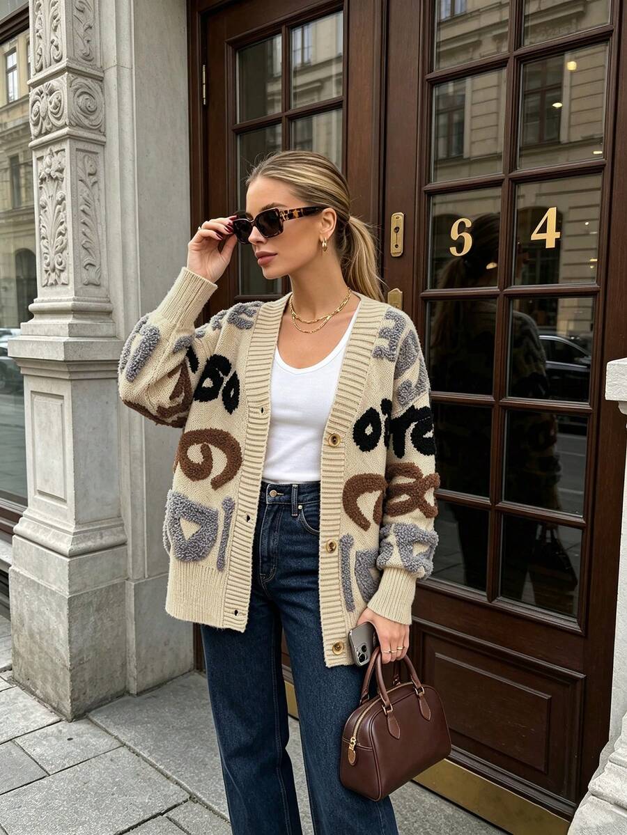 Women's Colorblock Plush V-Neck Cardigan, Front Button Closure, Dropped Shoulder Long Sleeve, Comfortable Knit Sweater For Autumn/Winter Daily Wear - Multicolor - View 1