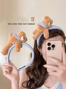 1pc Cartoon Checkered Plush T Bear Hairband, Versatile For All Occasions, Hair Tie To Hold Back Messy Hair, Wide-Edge Headband, Hair Accessory. - Multicolor - View 13