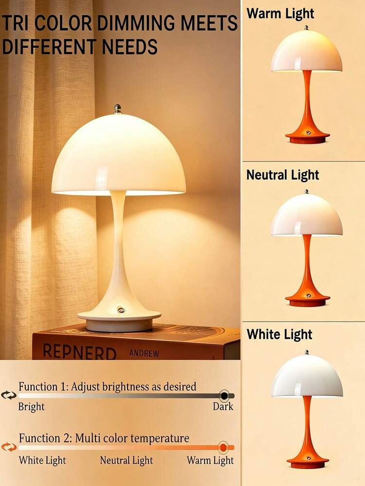 1 pieza Lámpara de escritorio con forma de hongo LED con cargador, 3 temperaturas de color ajustables, adecuada para decoración del hogar, dormitorio, oficina y talla grande - Multicolor - Añade 5