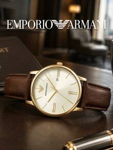 Armani Men's Classic Analog Quartz Watch, Gold-Plated Case, Champagne Dial, Grained Brown Leather Strap, Date Window, Birthday Gift For Husband - one-size - View 6