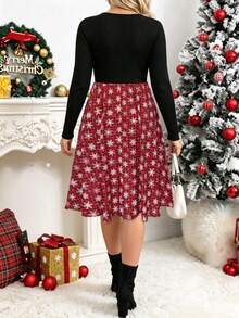 Plus Size Christmas Mid-Length Dress, Round Neck Long Sleeve Ribbed Patchwork A-Line Skirt, Buffalo Plaid Snowflake Print, Holiday Party Outfit For Curvy Figures - Multicolor - View 3