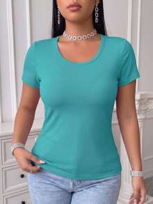 Plus Size Scoop Neck Short Sleeve Knitwear, Solid Layering Tee With Integrated Shaping Support, Women Comfort Daily Outfit - Cadet Blue - View 5