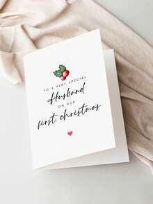 1pc Romantic Our First Christmas Card For Husband, Newlywed Xmas Greeting Card With Holly Berry Pattern, Holiday Gift Card For Spouse - Multicolor - View 5