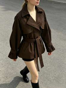 Women's Solid Color Waist Tie Fashion Versatile Daily Casual Trench Coat Jacket - Mocha Brown - View 3