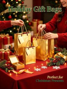 Shiny Metallic Gold Waterproof Gift Bags With Hang Tags, Twisted Handle Luxury Present Wrapping Bags For Christmas Holiday Gift Giving - Multicolor - View 5