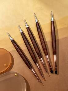 Vintage Wood‑Grip Dual‑Tip Nail Brush, Dual Metal Tips For Rhinestone Placement & Pattern Drawing - Rust Brown - View 5