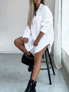 Camisa de manga larga con botones de unicolor y bajo asimétrico, casual blanca para primavera - Blanco - Ver 4