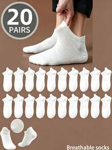 20 Pairs Men's White Low-Cut Mesh Socks, Breathable And Comfortable, With Arch Support, Suitable For Ankle Wear - White - View 1