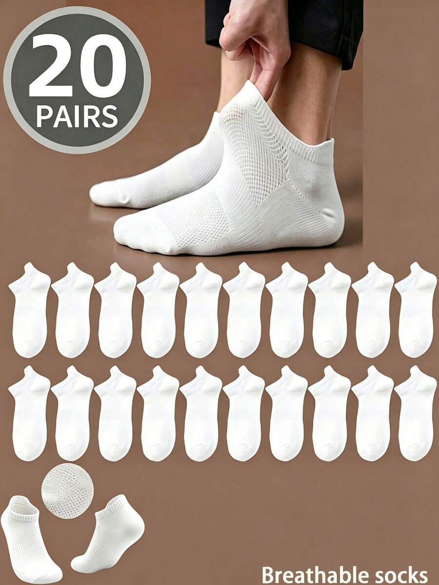 20 Pairs Men's White Low-Cut Mesh Socks, Breathable And Comfortable, With Arch Support, Suitable For Ankle Wear - White - View 1