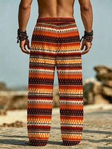Men's Casual Beach Pants, Featuring INS Style Bohemian Orange Print With Sublimated Multi-Color Geometric Horizontal Stripes - Multicolor - View 4