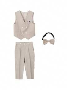 Young Boy Double-Breasted Vest Jacket + Pocket Long Pants + Exquisite Bow Tie Formal Suit Set - Khaki - View 11
