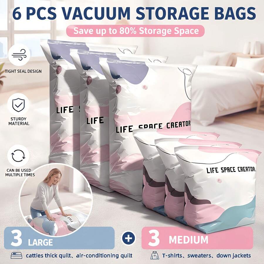 3pcs Vacuum Storage Bags, Press-To-Seal Space-Saving Compression Bags, Suitable For Clothes, Blankets, Travel, Moving, Emergency Storage, Back To School Season - View 1