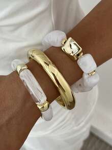 3pcs Vintage Exaggerated Glamorous ABS Resin Gold Bangle And Beige Elastic Bracelet Set Suitable For Women Daily Wear, Party, Date, Wedding, Festival, Gift - Multicolor - View 6