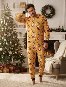 Family Matching Christmas Jumpsuits Pajamas Letter/Santa/Tree/Print Hooded Long Sleeve Playsuits Autumn Zipper Long Rompers - Yellow Dad - View 5