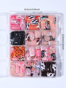 288pcs (12 Mixed Styles) Y2K Style Short Square Leopard Print, Cat Eye, Zebra Stripe, Halo Circle, Cherry, Star, Spade 8, Flower, Polka Dot Design Fake Nail Set, Suitable For Women's Daily Life And Party Use Nails - Multicolor - View 5