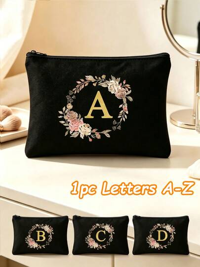 Tas Kosmetik Huruf Motif Karangan Bunga Mawar, Cetakan Huruf Bunga Merah Muda yang Indah, Tersedia Berbagai Huruf A-Z, Tas Penyimpanan Kosmetik Wanita Portabel, Tas Perlengkapan Mandi untuk Perjalanan, Hadiah untuk Pengiring Pengantin, Ulang Tahun, Halloween, Pilihan Hadiah Liburan Natal