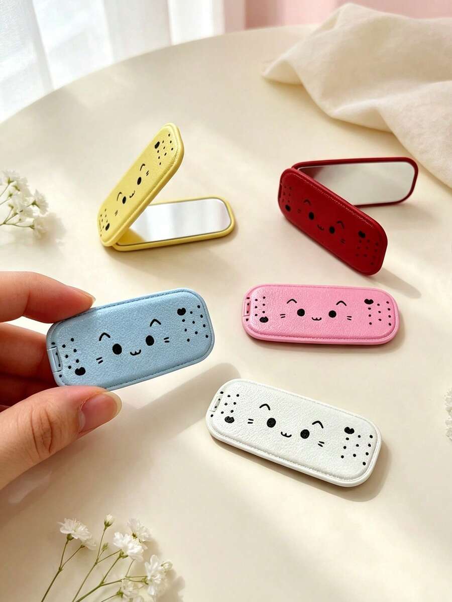 1PC Imitation Leather Grain Mirror Makeup Phone Holder, Adhesive Foldable Mirror Back Sticker, Dual Horizontal & Vertical Use Portable Desktop Stand - Cat Face - View 1