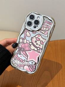 Electroplated Silver Shiny Wavy Frame Sweet Cool Cartoon Cat Phone Case, High Gloss Full Coverage Anti-Drop Protective Shell, Compatible With Apple 11/12/13/14/15/16/17/PRO/PROMAX/PLUS/AIR And Other Phone Models - Silver - View 1