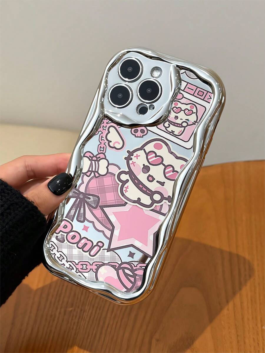 Electroplated Silver Shiny Wavy Frame Sweet Cool Cartoon Cat Phone Case, High Gloss Full Coverage Anti-Drop Protective Shell, Compatible With Apple 11/12/13/14/15/16/17/PRO/PROMAX/PLUS/AIR And Other Phone Models - Silver - View 1