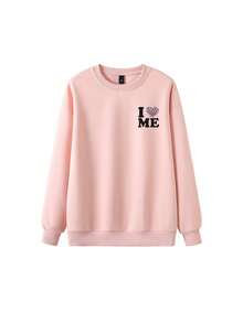Sweet Casual Versatile Heart & Letter Print Crew Neck Sweatshirt For Women, Loose Fit Long Sleeve Top, Pink, Autumn/Winter - Pink - View 6