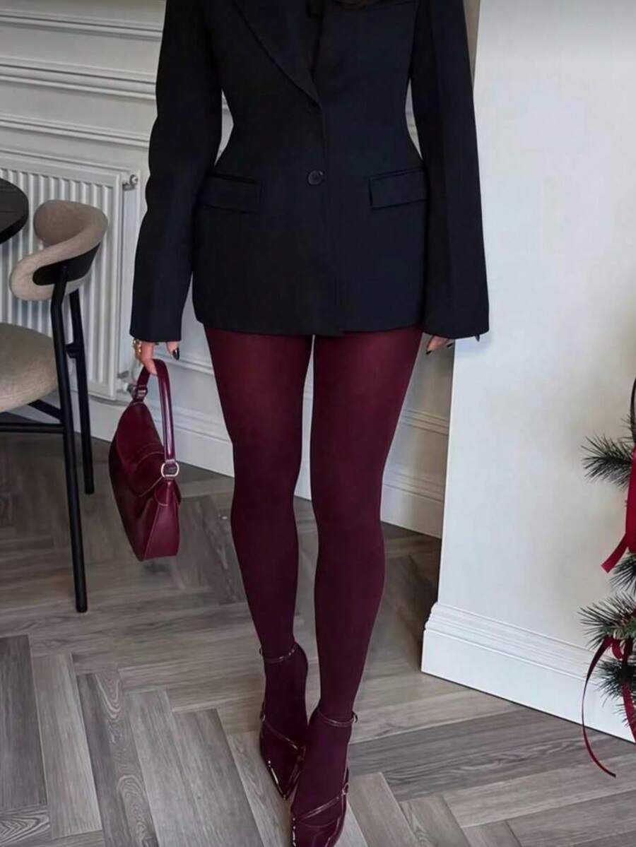 1pc Women's Semi-Sheer Sexy Red Tights, Slim Fit Leggings, Suitable For Dates And Parties - Multicolor - View 1