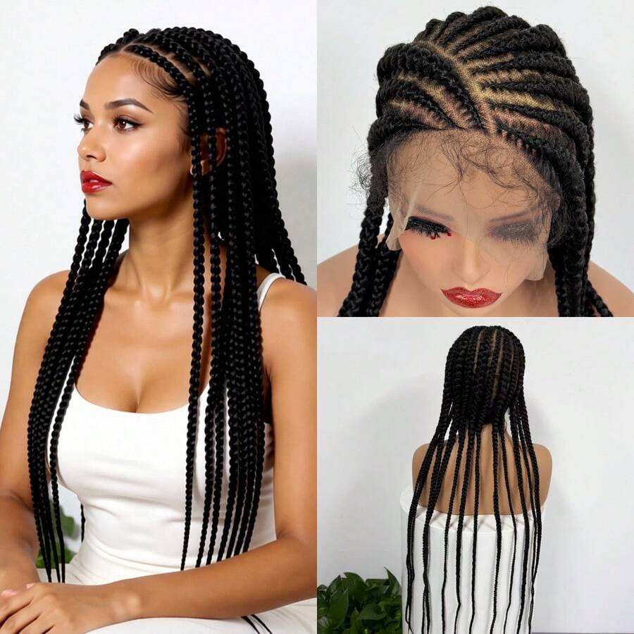 A ANYTIME Wig Kepang Tanpa Simpul: Wig Kepang Jagung Belahan Samping dengan Rambut Bayi, Wig Kepang Jagung Belakang Penuh, Kepang Jagung Jahitan Renda Penuh, Wig Kepang Kotak, Wig Kepang - Hitam - View 1
