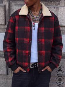 MAISONFOX 男士格紋單排扣長袖大衣，休閒翻領保暖內裡夾克，適合秋冬穿著 - 紅色 - 查看 1