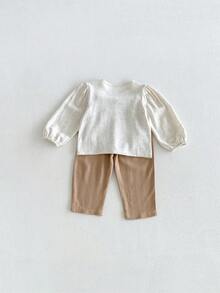 Miniweenns 2pcs/Set Baby Girl Casual Lazy Vintage Style Linen Embroidered Long Sleeve Top + Pants - Multicolor - View 17