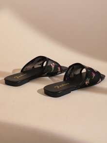 French Floral Mesh Square Toe One-Strap Flat Slide Sandals For Women, Summer Outdoor Wear, Fairy Style Vacation Slippers - Black - View 6