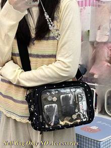 Japanese Style Cute Women's Polka Dot & Star Print Nylon Ita Bag, Multi-Pocket Transparent Crossbody Bag, Women's Handbag, Anime Shoulder Bag - Black - View 3