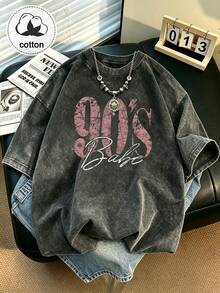 Plus Size Women's 90s Vintage Print T-Shirt, Retro Large Letter Pattern Casual Short Sleeve Washed Top Black Summer - Black - View 9