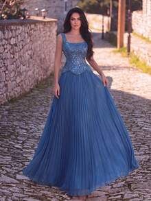 Faeriesty Luxury Elegant Beaded & Sequined Pleated Long Formal Evening Gown Party Wedding, Prom Dress Fall - Dusty Blue - View 4