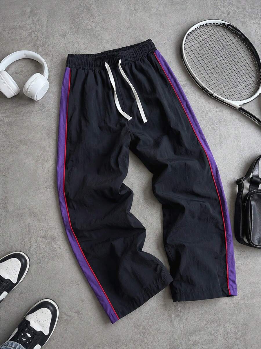 Men's Nylon Ice Silk Quick Dry Pants, Side Contrast Stripe, Elastic Waist Cuffed Hem, Casual Sports Long Pants - Black - View 1