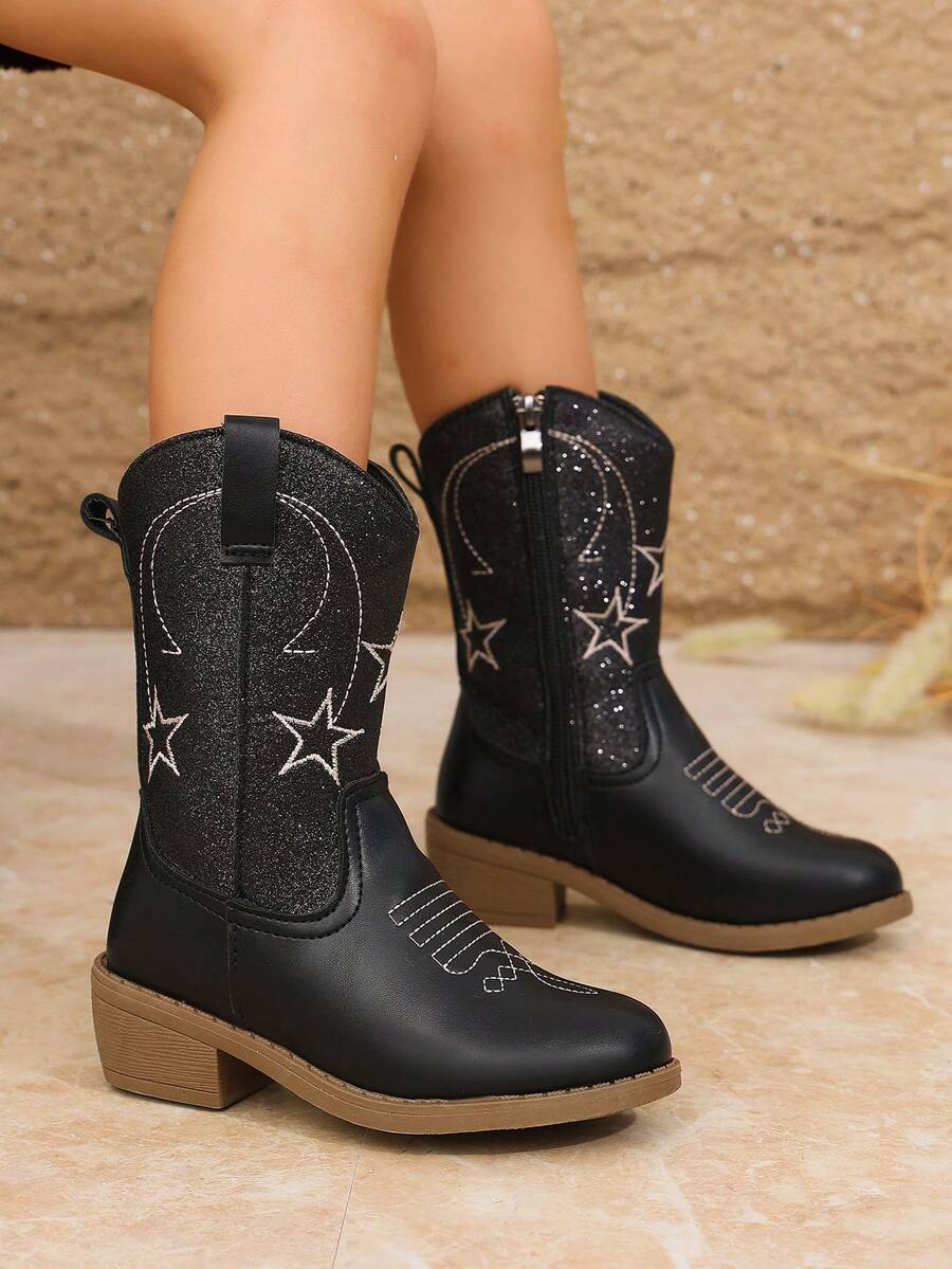 1 Pair Autumn/Winter Cool Black Denim Mid-Calf Boots With Embroidery Patchwork, Non-Slip Chunky Heel For Girls - Black - View 1