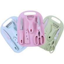 Conjunto Faca Tesoura Tabua Corte Comida Alimento Cozinha Descascador Manual 4 Peças Cocçao - Rosa Bebê - Visão 5