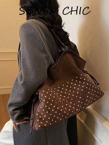 Sweet Polka Dot English Embroidery Patchwork Large Capacity Drawstring Tote Bag, Vintage Korean Slouchy, Shoulder Bag For Girls, Students, Commuting, Shopping, - Coffee - View 7