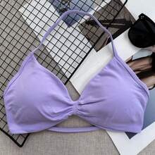 Popular Camisole Bra, Women's Backless Spaghetti Strap Sports Bra, Light Support, Cropped Gym Top, Seamless Pleated Yoga Pad Bra Spring Fall - Purple - View 3