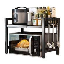 Adjustable Microwave Rack, Expandable Kitchen Stand With 6 Hooks For Microwave Toaster Oven, Space Saving Countertop Shelf, Metal Black - View 8