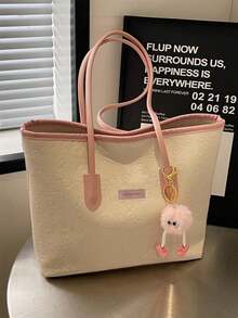 Large Capacity Women's Fashionable Multifunctional Shoulder Bag, New Canvas Tote Bag, Stylish Design, Perfect For School, Commuting And Shopping (Pendant Not Included) - Pink - View 4