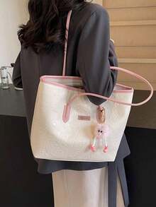 Large Capacity Women's Fashionable Multifunctional Shoulder Bag, New Canvas Tote Bag, Stylish Design, Perfect For School, Commuting And Shopping (Pendant Not Included) - Pink - View 10