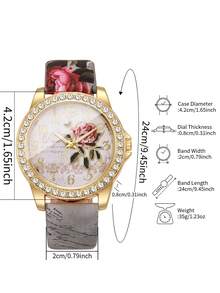 Vintage Style Women's Wristwatch With Rhinestone Case, Rose Dial, Floral Print PU Leather Strap, Quartz Watch, Gift For Girlfriend (1pc/Set) Watch Box Not Included, Note: The Print Position On The Strap Is Random And Cannot Be Consistent! - Grey - View 4