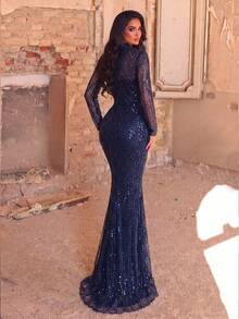 Women's Sequin Long Sleeve Mermaid Evening Dress, Stand Collar Back Zipper Design, Suitable For Formal Occasions, Formal Dinners, Wedding Guests - Dark Wash - View 2