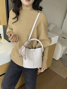 女款水桶手提包，時尚百搭優雅純色條紋白色包款附圍巾，適合購物與通勤，附小收納袋 - 白色 - 查看 5