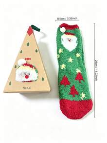 Juego de caja de regalo de calcetines de invierno de felpa de coral con diseño de Papá Noel de dibujos animados, calcetines de vacaciones suaves, cálidos y cómodos, calcetines de regalo para el hogar, múltiples tamaños adecuados para toda la familia - Multicolor - Ver 2
