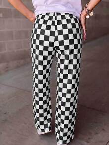Women's Spring/Autumn New Fashionable Minimalist Checkerboard Print Casual Pants, Personalized Niche Loose Wide-Leg Trousers Suitable For Work, Commute, Office, Travel, Party, School, Home, Daily Versatile Wear - White Ink - View 3