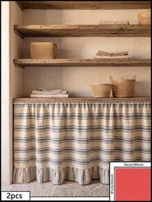 1/2pcs Beige Gray Horizontal Striped Table Skirt, Rustic Pastoral Style Fabric Material, Rectangular Top Pleated And Bottom Ruffle Detail, Storage Concealment And Decorative Beautification Function, Suitable For Storage Rack Cover And Natural Home Decor Scenes - Dark Grey - View 16