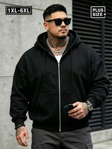 Plus Size Men's Hooded Sweatshirt Black Sports - Black - View 1