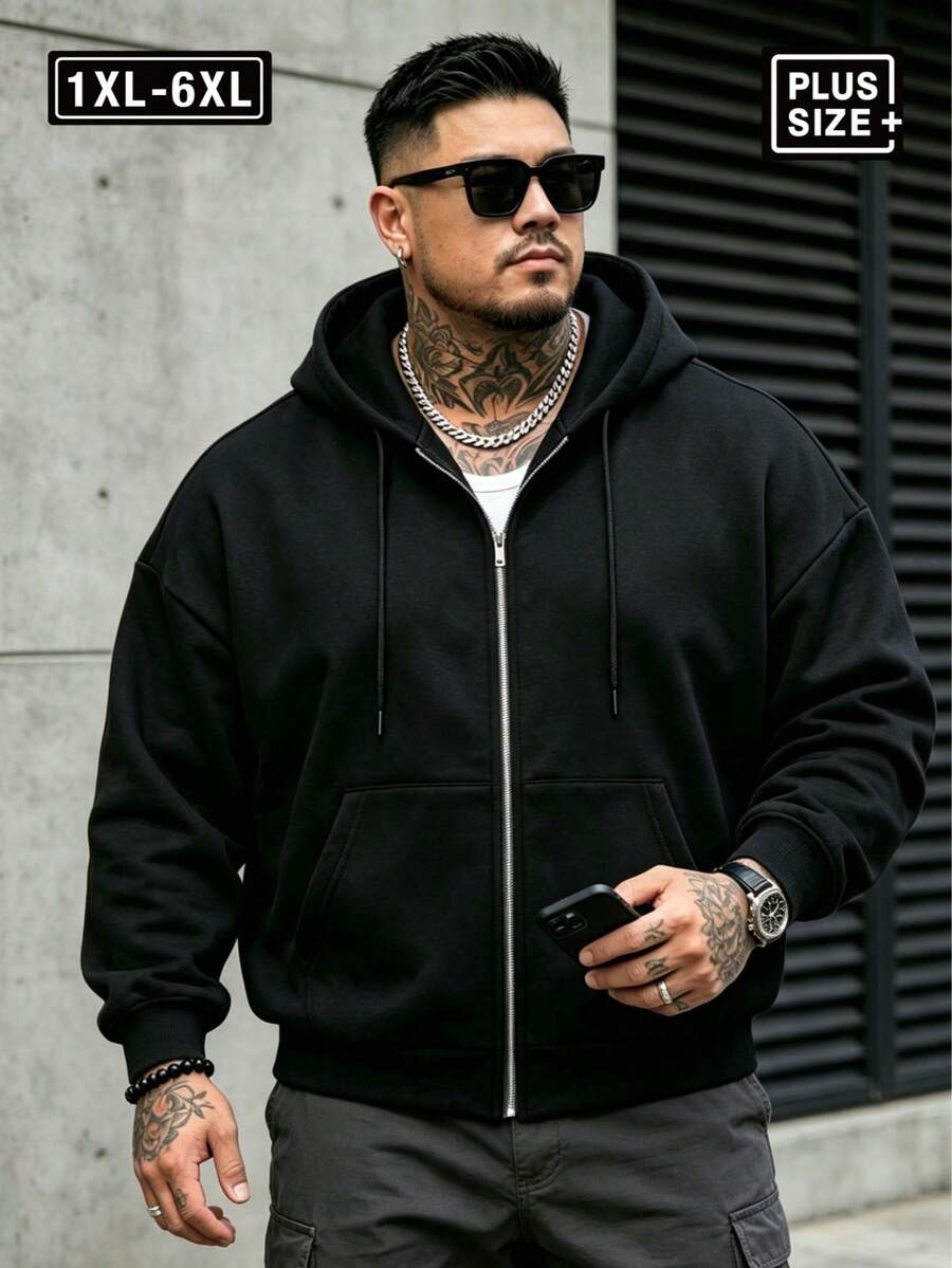 Plus Size Men's Hooded Sweatshirt Black Sports - Black - View 1