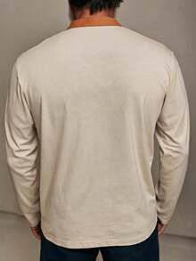 GOLDREDY Vintage Geometrisches Totem Henley-Kragen Langarm Herren Amerikanischer Western Farbblock Patchwork Lässig Basisschicht T-Shirt - Aprikosenfarben - Übersicht 3